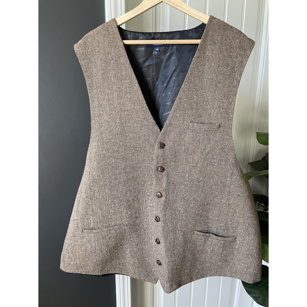 Gioberti Brown Herringbone Tweed Vest Waistcoat 5-Button Satin Back Sz 4XL *Read